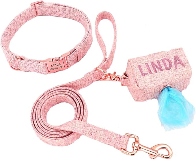 Personalized Dog Collar with Leash Custom Dog Waste Bag Dispenser Engraved Pet Collar Walk Lead Outdoor Pet Poop Bag Portable Pink L