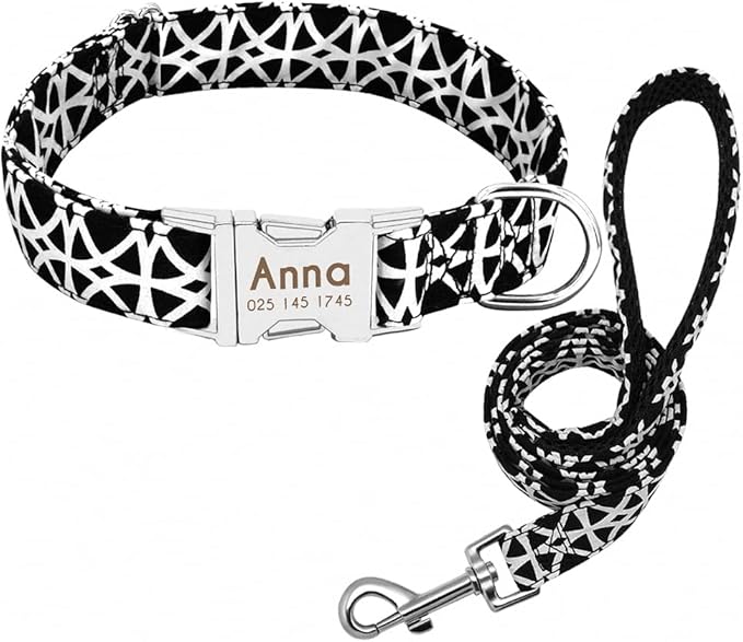 Personalized Dog Collar Leash Nylon Print Small Dog Collars and Lead for Small Medium Large Pet Pitbull German Shepherd Puppy Black Set L
