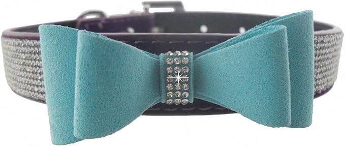 Luxury Pet Accessories Dog Collar Rhinestone Buckle Design Fancy Crystal Suede Bow Tie Dog Collar for Small Medium Large Dogs 15 Blue Bow L