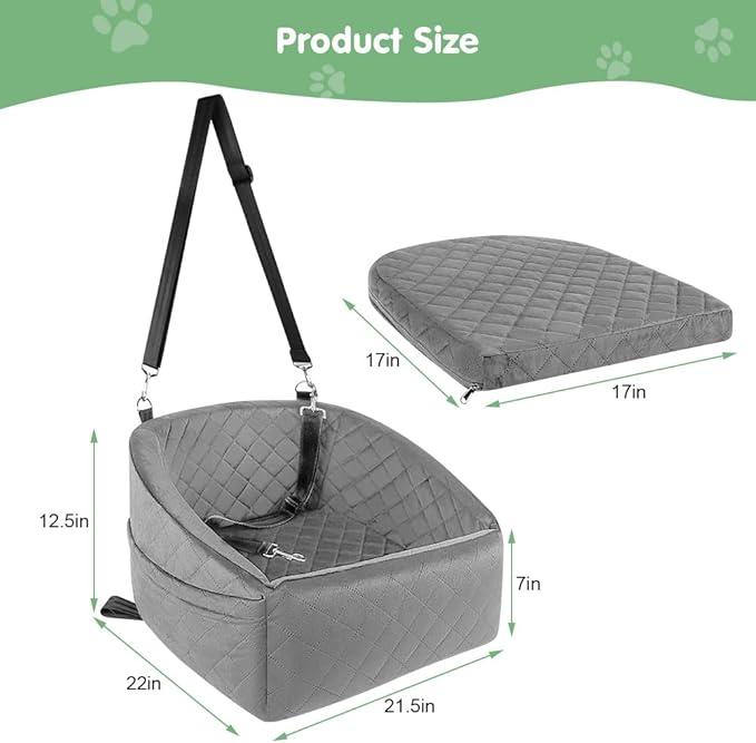 Dog Car Seat, Pet Booster Seat Elevated Dog Travel Carrier Bed with Washable Removable Cover and Storage Pockets for Small & Medium Dogs Pets (Grey)