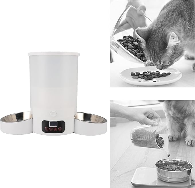 Automatic Cat Feeder, 3L Large Capacity Timed Cat Feeder with Stainless Steel Bowl, Pet Food Dispenser Dog Feeding Station Dry Food Dispenser Smart Pet Feeder for Cats Dogs (White)