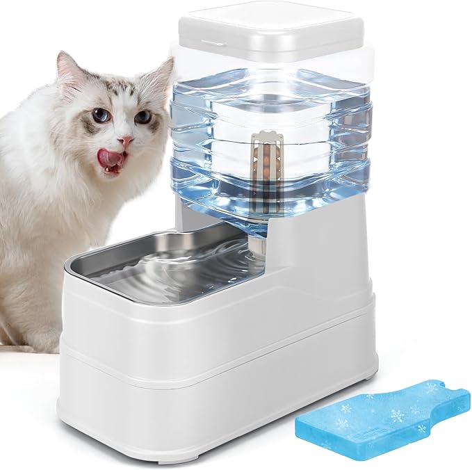 1.1 Gallon Pet Automatic Dog Water Dispenser Cat Gravity Waterer Feeder with Stainless Steel Bowl Large Capacity Puppy Feeding Raised Bowls with Filter,Ice Pack (White, 4L(1.1 Gallon))