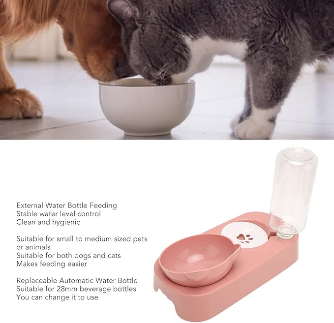 Pet Water Food Bowls - PP Raised Detachable Automatic Water Feeder - Pets Water and Food Bowl Set, Strainer Design, Protection from Dust for Small Medium Cat Dog (Pink)