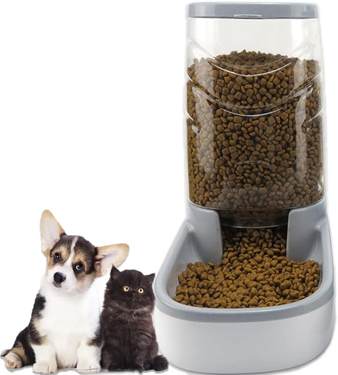 Automatic Cat Feeder Gravity Dog Feeder 1 Gallon Pet Feeder, Self-Dispensing Pet Feeder Bowl for Small and Medium Sized Pets Large Capacity (Grey)