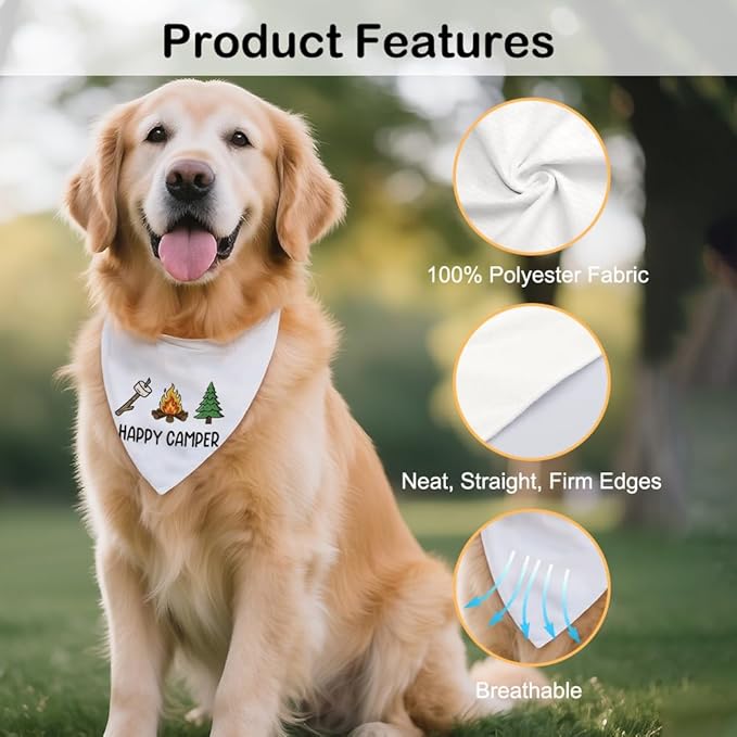 Happy Camper White Dog Bandana, Funny Pet Scarf Accessory Photo Prop for Nature Outdoor Adventure Hiking Camping Mountain, Christmas Birthday Gifts for Puppy Mom Dad Lover Camper