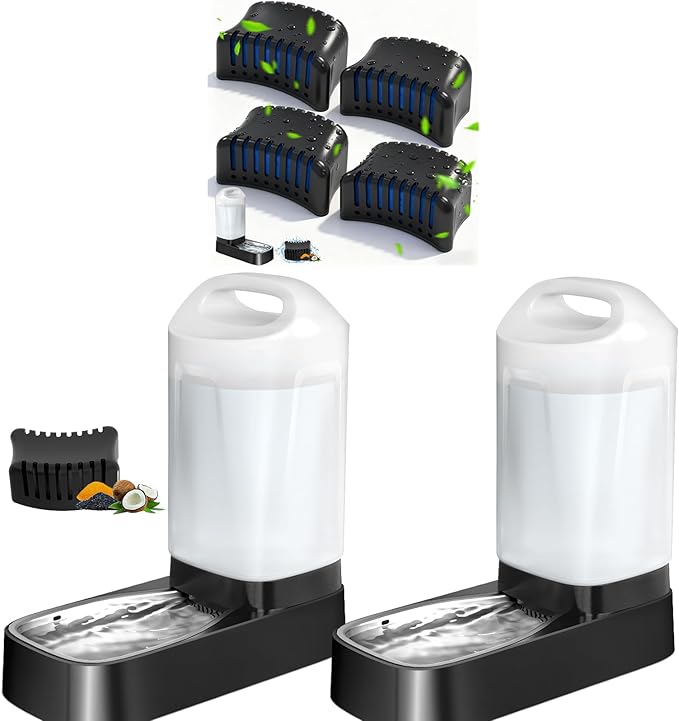 2 Pack Automatic Dog Water Bowl Dispenser with 5 Filters - 2.4 Gal Large Gravity Auto Pet Water Feeder Waterer with Stainless Steel Bowl & Easy Carry Handle for Large Dog Cat Multi Pet Use, No Leakage