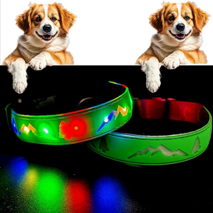LED Dog Collar, 15 Light Modes, USB-C Rechargeable, Silicone Material, Adjustable Size, (Green Pro, M(11.8-15.7"))