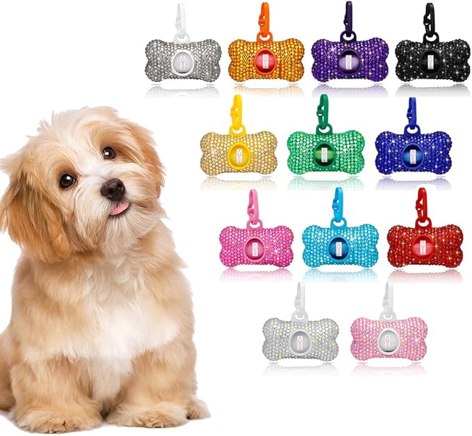 SAVORI Dog Poop Bag Holder Bling Crystal Dog Waste Bags Dispenser for Pet Dog Doggy with Carabiner Clip Includes 1 Roll 15 Bags (Pink)
