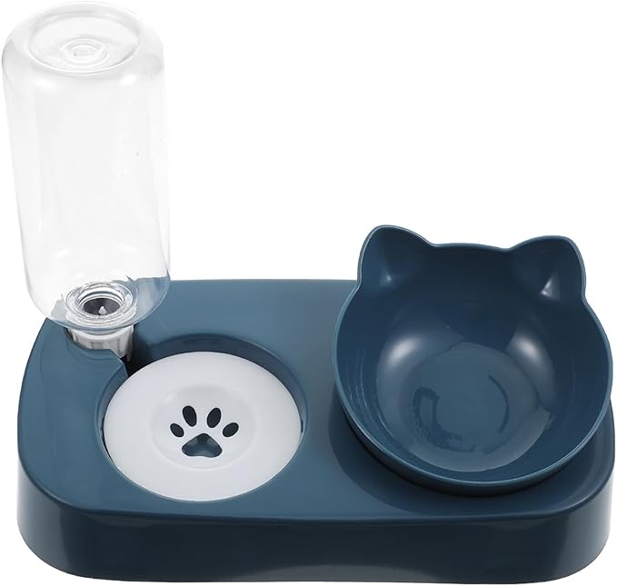 Stable Pet Automatic Water Bowl and Cat Dog Food Eating Feeder with Anti-Spill Neck Protection, Blue Raised Feeding Dish for Indoor Use