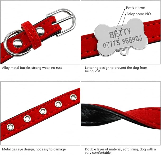 Personalized Chihuahua Collar for Small Dog Adjustable Padded Pet Collars with Bell for Small Medium Cat Dogs Black Bone XXS