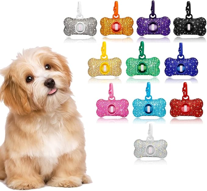 SAVORI Dog Poop Bag Holder Bling Crystal Dog Waste Bags Dispenser for Pet Dog Doggy with Carabiner Clip Includes 1 Roll 15 Bags (Red)