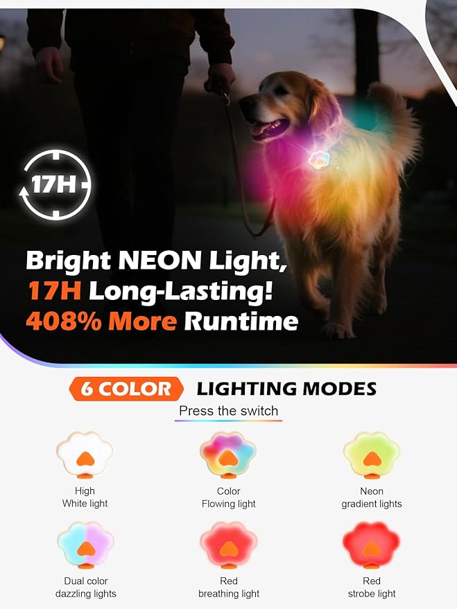 Lekereise Dog Lights for Night Walking, 6 Modes IPX5 Waterproof Dog Collar Lights Up Clip on, Rechargeable LED Pet Harness Collar Light Glow in The Dark Nighttime Camping Bike Accessories