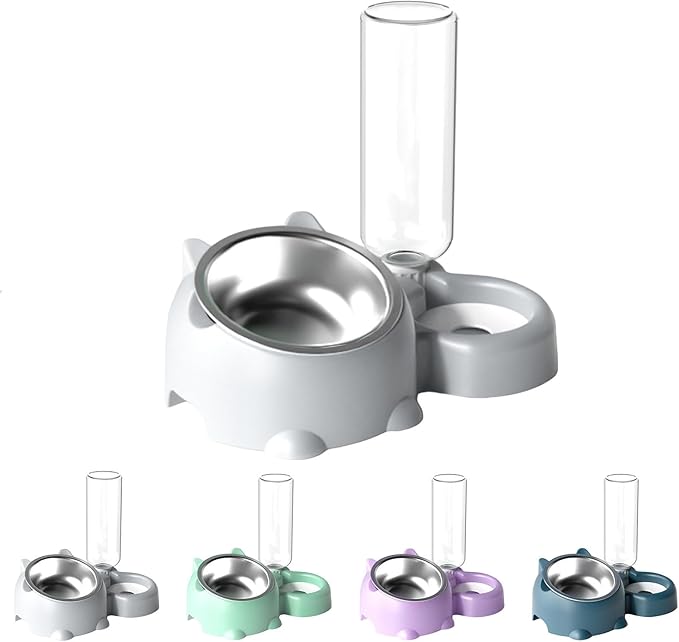 Cat Food and Water Bowl Set, Automatic Dog Dish Bowl with Water Dispenser, Removable Drinking and Eating Bowls, No-Spill Pet Feeder for Puppy, Medium Dogs & Cats (Grey)