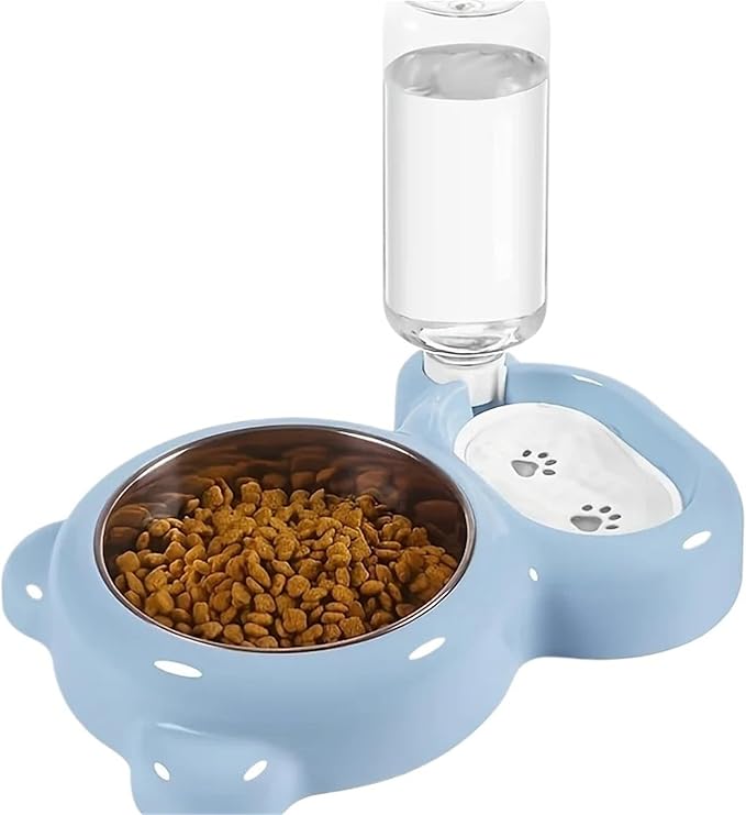 Compatible for Cats and Dogs, Automatic Water Dispenser Bottle with Double Feeding Bowl Set(Blue)