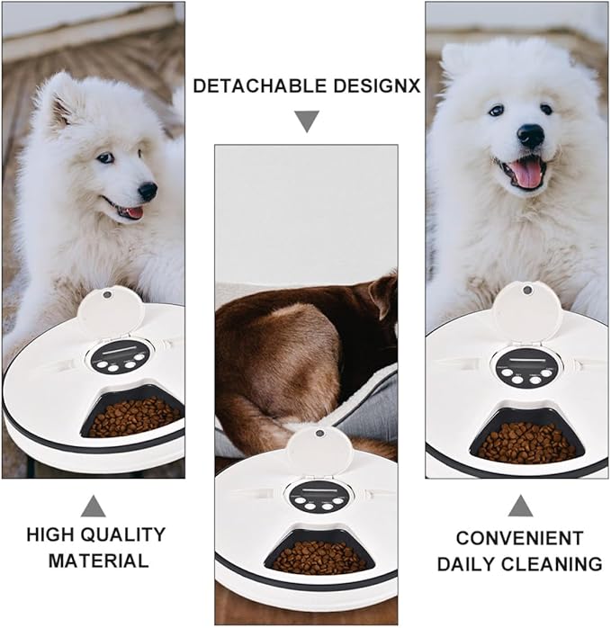 VICASKY Automatic Pet Feeder with Timer and 6-Compartment Feeding Bowl, Intelligent Dry Food Dispenser for Dogs and Cats, Gray-White Pet Feeding Supplies for Scheduled Meals