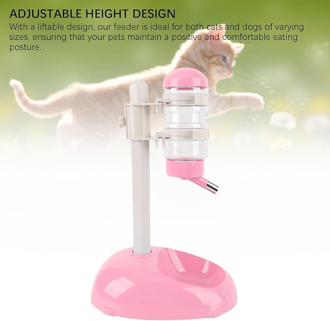 Tnfeeon Adjustable Height Pet Standing Water Dispenser Feeder, 17oz Capacity Automatic Water Bowl with Detachable Bottle for Puppies and Small Dogs, Plastic Base 9.8x7.1 Inches (Pink)