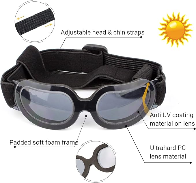 Namsan Dog Goggles Small Breed, Anti-UV Sunglasses for Dogs Small Breeds, Windproof Riding Dog Eye Protection, Yorkie Glasses with Elastic Straps, Easy Put-on/Adjustable, Bright Black
