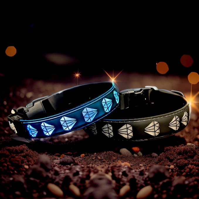 LED Dog Collar with Diamond Pattern, 15 Light Modes, with Bonus Pet ID Tag and Bell (Black, S(7.87-11.8"))