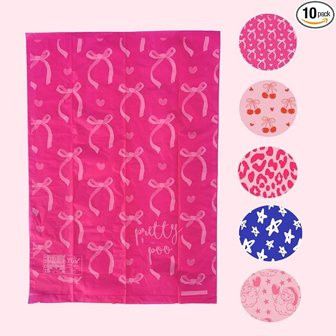 Pretty Dog Poop Bags - 150 Count, Certified Home Compostable, Leakproof, Extra Thick, Tear Resistant, Pink, Vanilla Scented, Sugar Bows