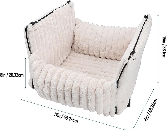 Dog Car Seat for Small Dogs, Foldabble Washable Pet Booster Seats Semi Enclosed Detachable Short Plush Puppy Carseat with Clip on Leash Travel Carrier Bed, Beige
