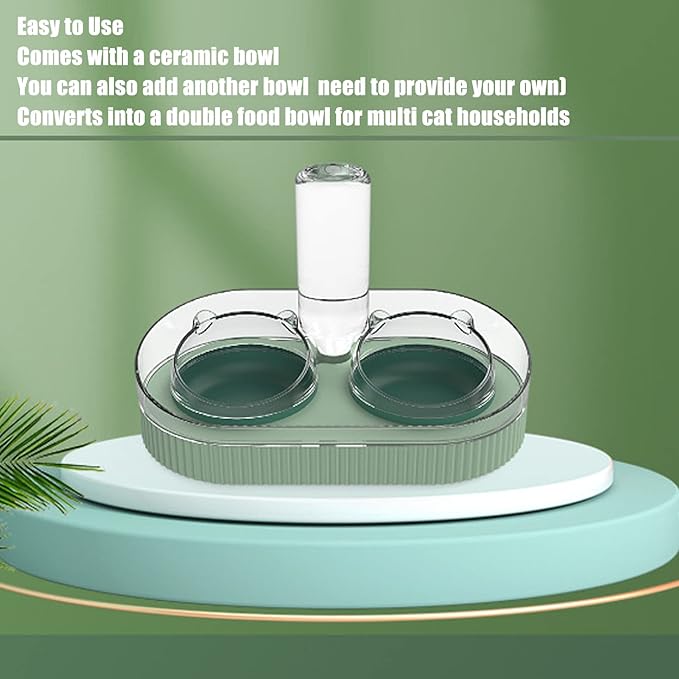 Elevated Dog Cat Bowls, Ceramic Water and Food Bowl Set with Automatic Waterer Bottle, 2 in 1 Cat Food Dispenser with Wet and Dry Food Bowl for Cats and Small Dogs Kitten Puppy(Green)