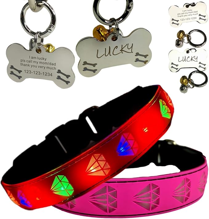 LED Dog Collar with Diamond Pattern, 15 Light Modes, with Bonus Pet ID Tag and Bell (Pink Pro, S(7.87-11.8"))