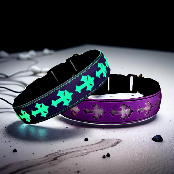 Pet Collar with AirTag Holder and ID Tag, 15 Lighting Modes, Waterproof Cross Pattern Design, Multiple Colors (Purple, XL(19.7-23.6"))