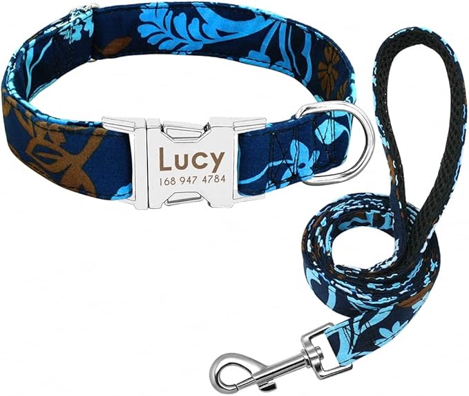 Personalized Dog Collar Leash Nylon Print Small Dog Collars and Lead for Small Medium Large Pet Pitbull German Shepherd Puppy Dark Blue Flower Set S