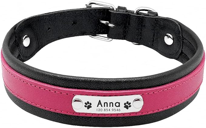 Large Dog Collar Genuine Leather Dog Collar Personalized Pet Name ID Collar Padded Customized for Medium Large Dogs Pink M