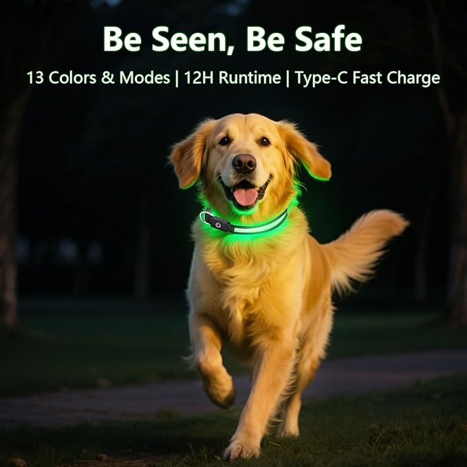 Light Up Dog Collar 13 Color Models, USB Rechargeable, Adjustable Comfortable Soft Mesh Safety Dog Collar from 15" to 20”