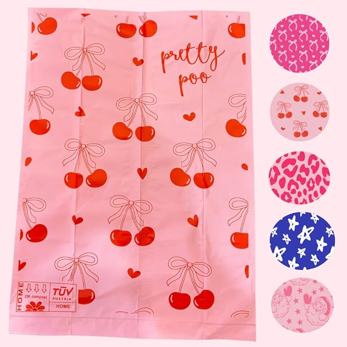 Pretty Dog Poop Bags - 150 Count, Certified Home Compostable, Leakproof, Extra Thick, Tear Resistant, Pink, Vanilla Scented, Cherry Burst