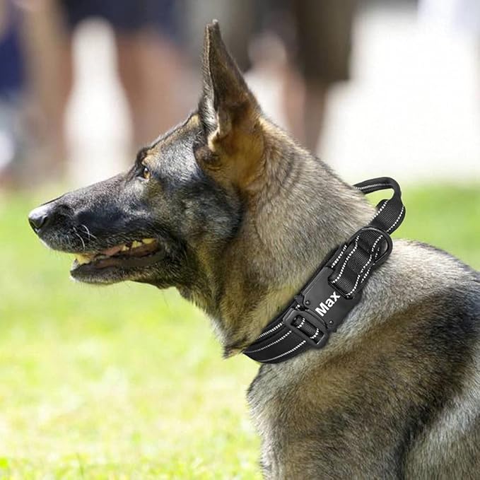 Military Tactical Pet Dog Collar Personalized Custom Nylon Reflective Small Medium Large Dog Collars Engraved ID Name Adjustable Black XL