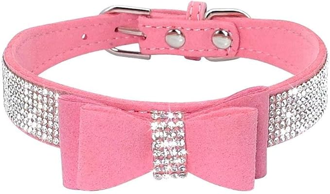 Rhinestone Dog Collar, Cute Dazzling Sparkling Soft Suede Leather Adjustable Pet Dog Cat Collar Crystal Diamond for Puppy Small Medium Large Dogs (S:26-32cm, Pink-1)
