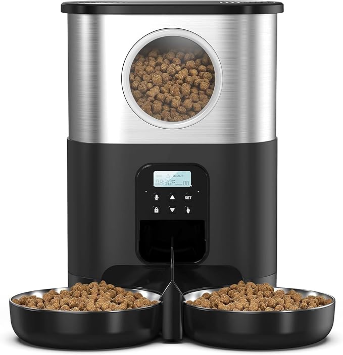 Pet Feeder 5l Stainless Steel Feeder O Window Double Outlet Automatic Feeder Pet Dry Food Dispenser Suitable Compatible with Cats and Dogs Pets Supplies(Black)