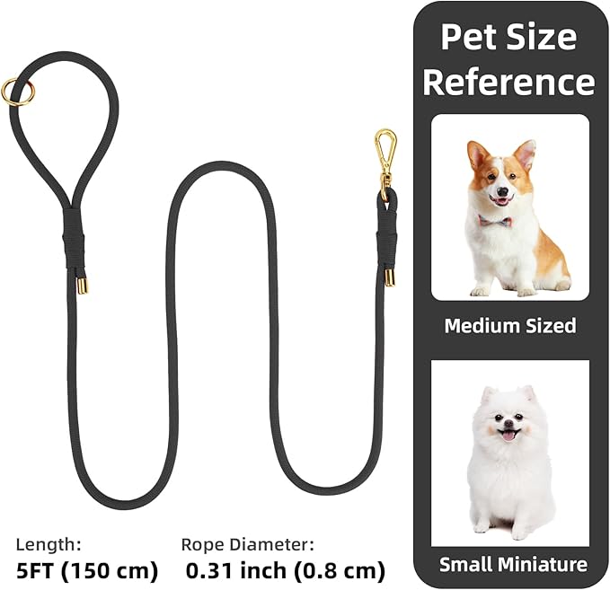 Durable Handwoven Dog Leash for Small & Medium Dogs, 5/16 inch Rope Lead with Anti-Tangle Swivel Clip, Soft & Lightweight, 5FT Long – Ideal for Daily Walking & Training (Black)