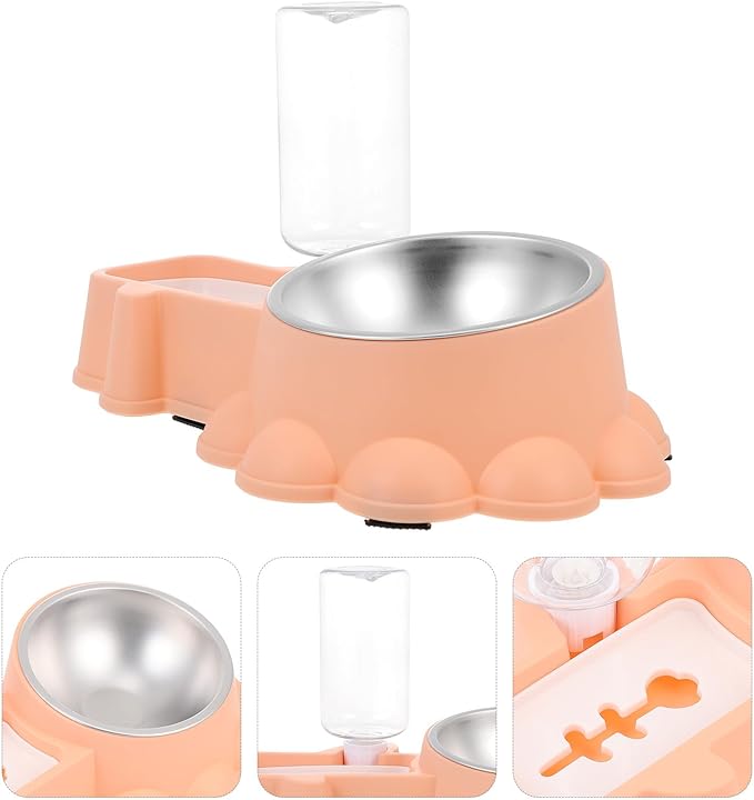 Multifunctional Automatic Dog Feeder and Water Dispenser Bowl, Stainless Steel Pet Food Container, Orange-Pink, Spill-Resistant for Home and Travel Use
