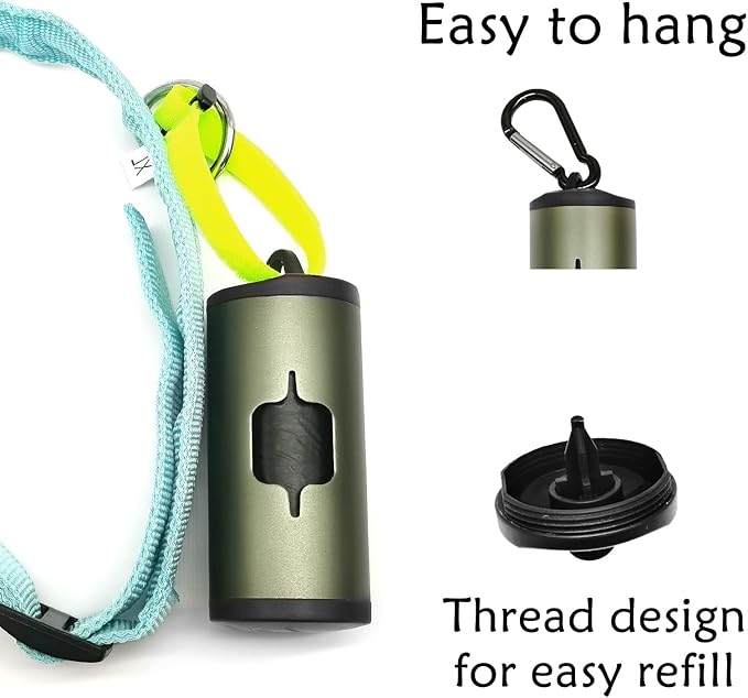 Aluminum Dog Poop Bags Holder with Carabiner Metal Pet Waste Bags Dispenser with Hook and Loop Fastener and Elastic Cord to Carry Used Bags (Olive Green, 1 Holder 15 Bags)