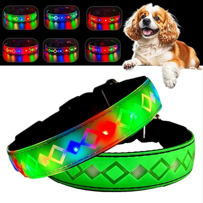 LED Dog Collar, 15 Light Modes, USB-C Rechargeable, Adjustable Silicone, Multiple Colors (Green Pro, L(15.7-19.7"))