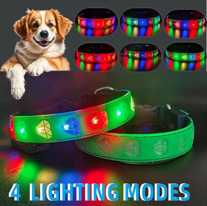Customlized USB-C led Light up Night Walking Dog Collar with Waterproof airtag Holder, 4 Modes Running Flashing Light (Green, S(7.87-11.8"))