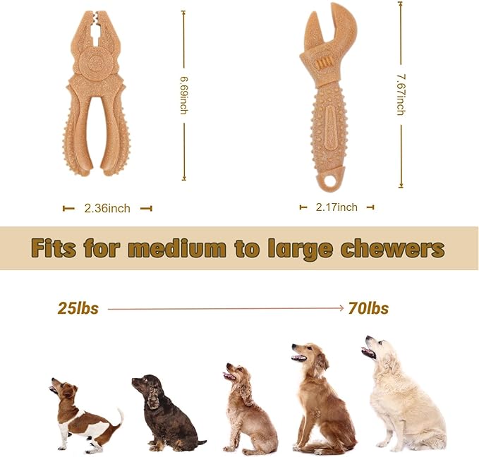 Dog Chew Toys, Aggressive chewer toy for Medium& Large dogs, Made of real pine wood and durable Food-Grade nylon, with Tool Shape Design for Dental Cleaning and Long-Lasting Chewing (brown-2 pieces)
