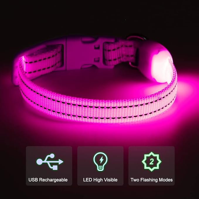 Light Up Dog Collar for Small Dogs - LED Dog Collar Rechargeable Adjustable Puppy Collars, Glow in The Dark Dog Lights for Night Walking & Camping (X-Small, Pink)