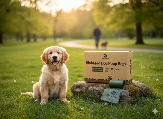 MossyPaws Biobased Dog Poop Bags – 360 Count (24 Rolls) – Plant-Based, Leak-Proof, Durable – Eco-Friendly Pet Waste Bags with Recyclable Packaging – 9x13 Inch – Fits All Dispensers