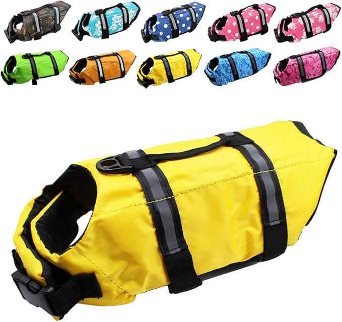 Dog Life Jacket Easy-Fit Adjustable Belt Pet Saver Swimming Safety Swimsuit Preserver with Reflective Stripes for Doggie (M, Yellow)