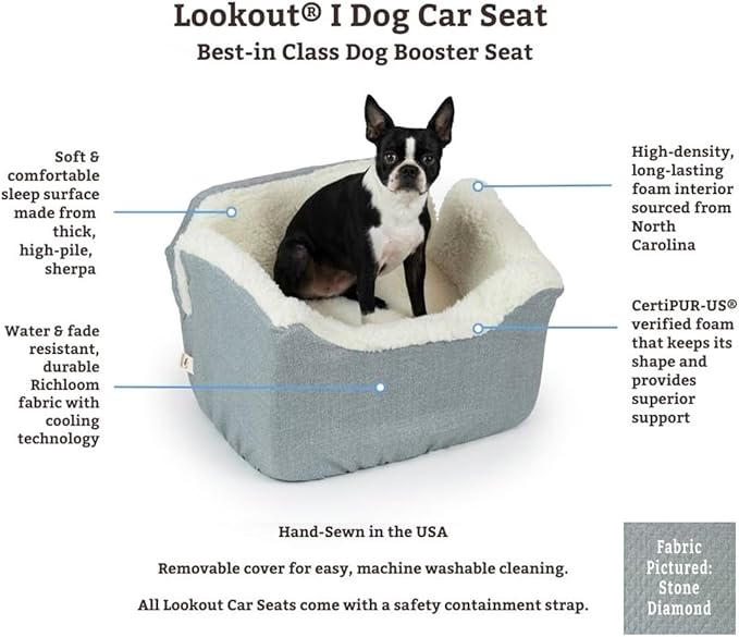 Snoozer Dog Car Seat: Lookout I Dog Booster Car Seat for Pets up to 25lbs, Helps Alleviate Travel Sickness & Fear for Dogs, Removable Washable Cover – Denim Diamond, Size Medium
