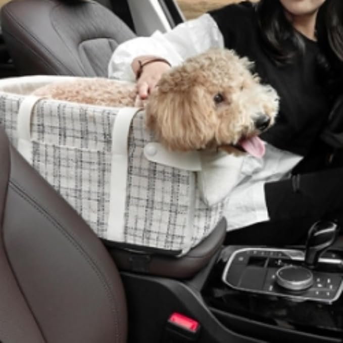 Pet Car Seat for Small Dogs & Cats, Large Space with Soft Cushion, Removable Design, Secure Straps, Fits Most Vehicles (Blue-Grey Plaid, 9.8 * 17.7 * 9.8 inches)