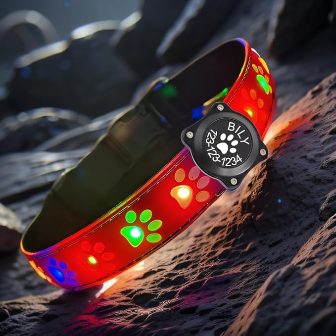 Personalized Flashing USB-C led Light up Dog Collar with Airtag Holder, Waterproof,15 Modes Changing (Pink PRO, S(7.87-11.8"))