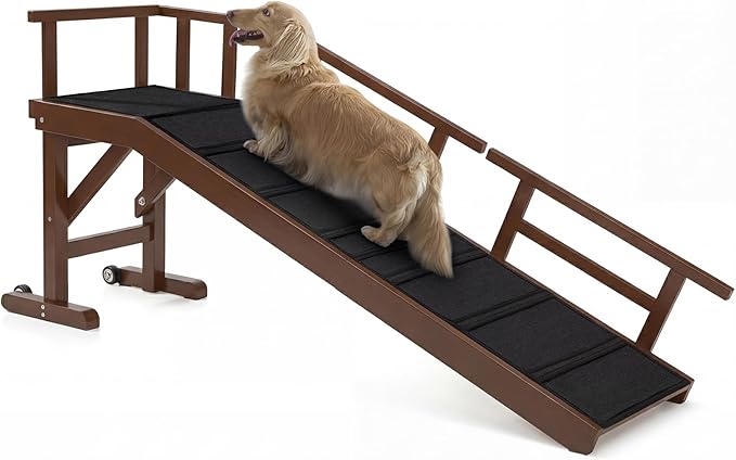 Dog Ramp for Bed or Couch, Wooden Pet Ramp with 20° Gentle Slope, Removable Side Rails, Non-Slip Surface, Top Platform & Wheels, Safe Bed Ramp for Small, Medium & Senior Dogs, 60" Long, Walnut