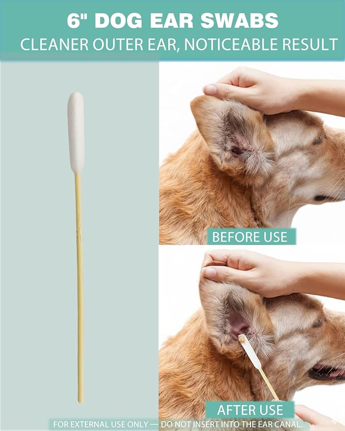 Dog Ear Swabs 200 Count - 6 Inch Large Bamboo Cotton Swabs for Ear Cleaning, Tear Stain & Nose Fold Care | Soft Lint-Free Tips, Sturdy Applicators | Medium to Large Dog Grooming Supplies