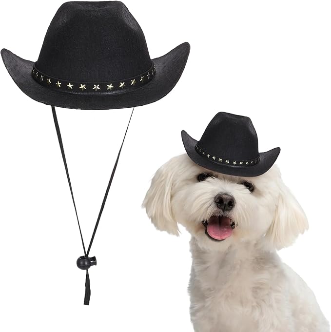 Dog Cowboy Hat, Mini Cowboy Hat for Pet with Chin Strap Adjustable Cosplay Cap, (Black, L), Intended for Dogs and Cats/Halloween Costume/Party Decoration