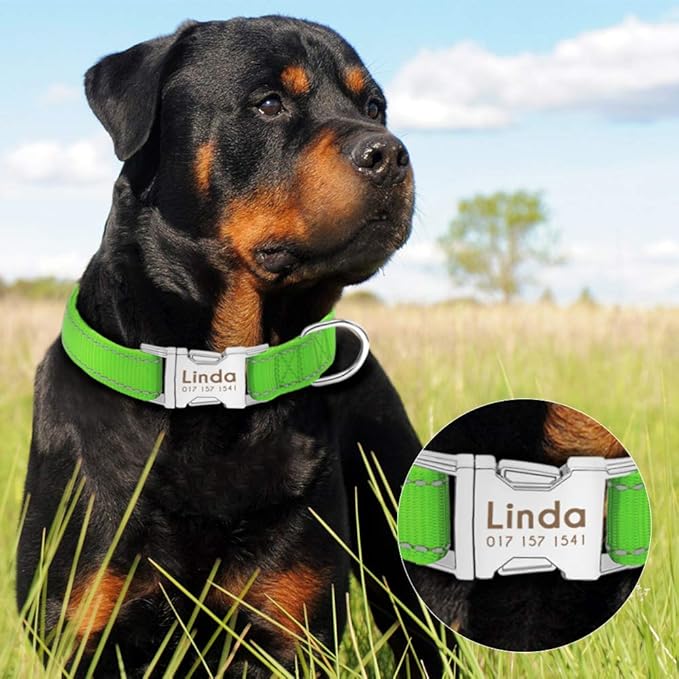 Personalized Dog Collar Durable Nylon Reflective Collar Custom Pet Dogs Collars for Small Medium Large Dogs Green L
